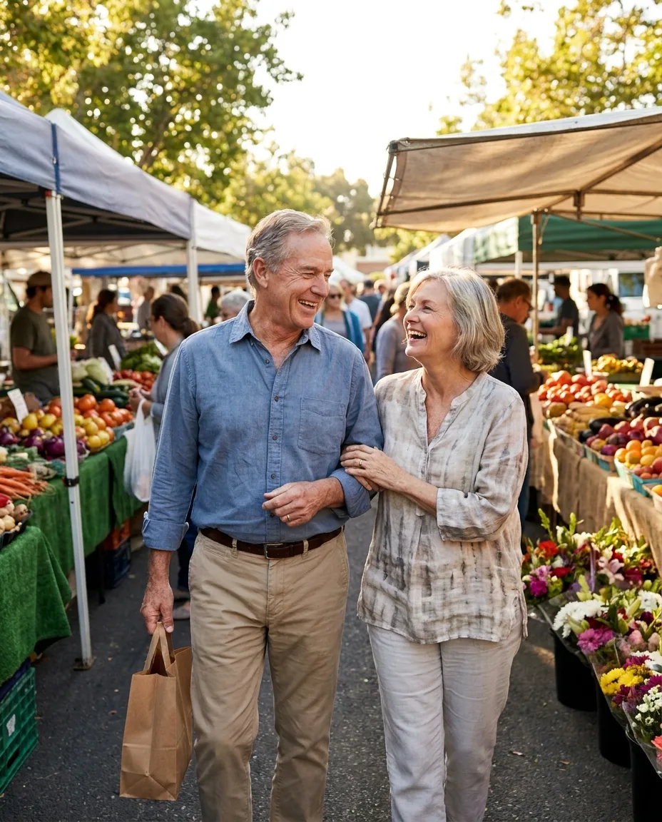 Happy couple in their 60s walking arm in arm through a farmer's market