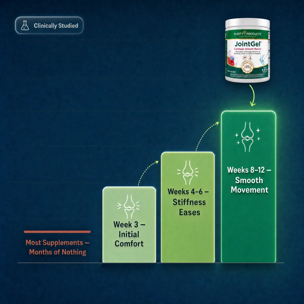 Timeline chart: week 3 initial comfort, weeks 4–6 stiffness eases, weeks 8–12 smooth movement with JointGel