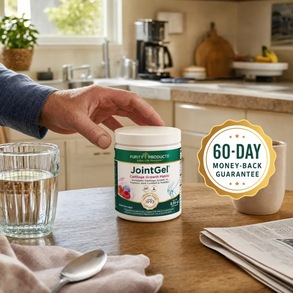 Hand reaching for a JointGel jar on a kitchen table, with a 60-day money-back guarantee badge