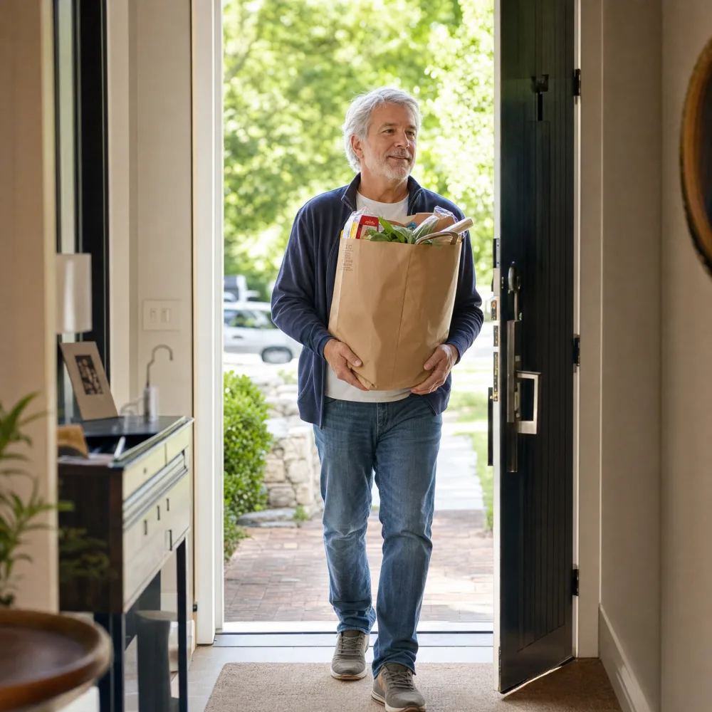 Man comfortably carrying a full grocery bag through his front door