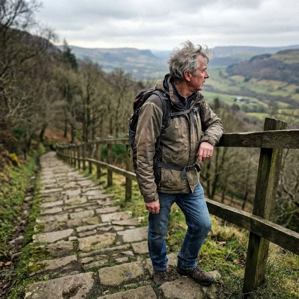Man pausing on a scenic stone hiking path overlooking a green valley
