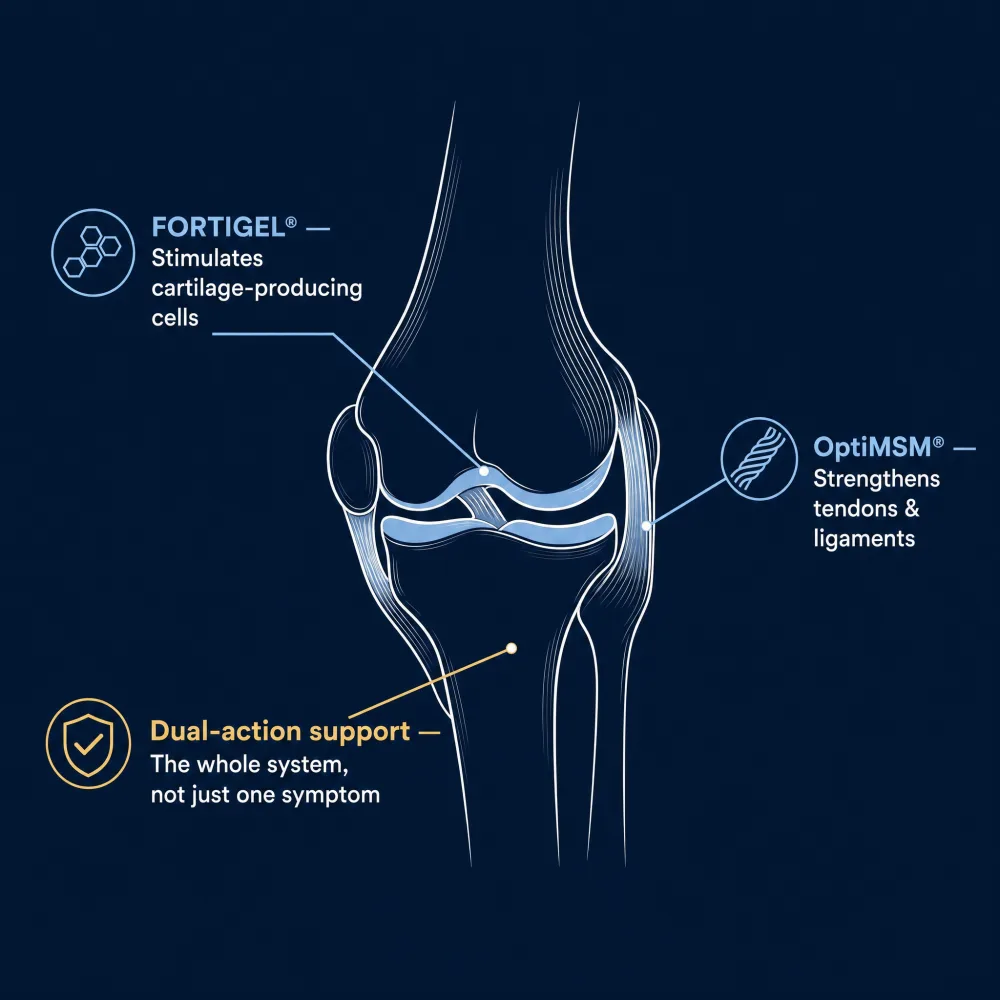 Knee joint diagram: FORTIGEL stimulates cartilage-producing cells, OptiMSM strengthens tendons and ligaments — dual-action support