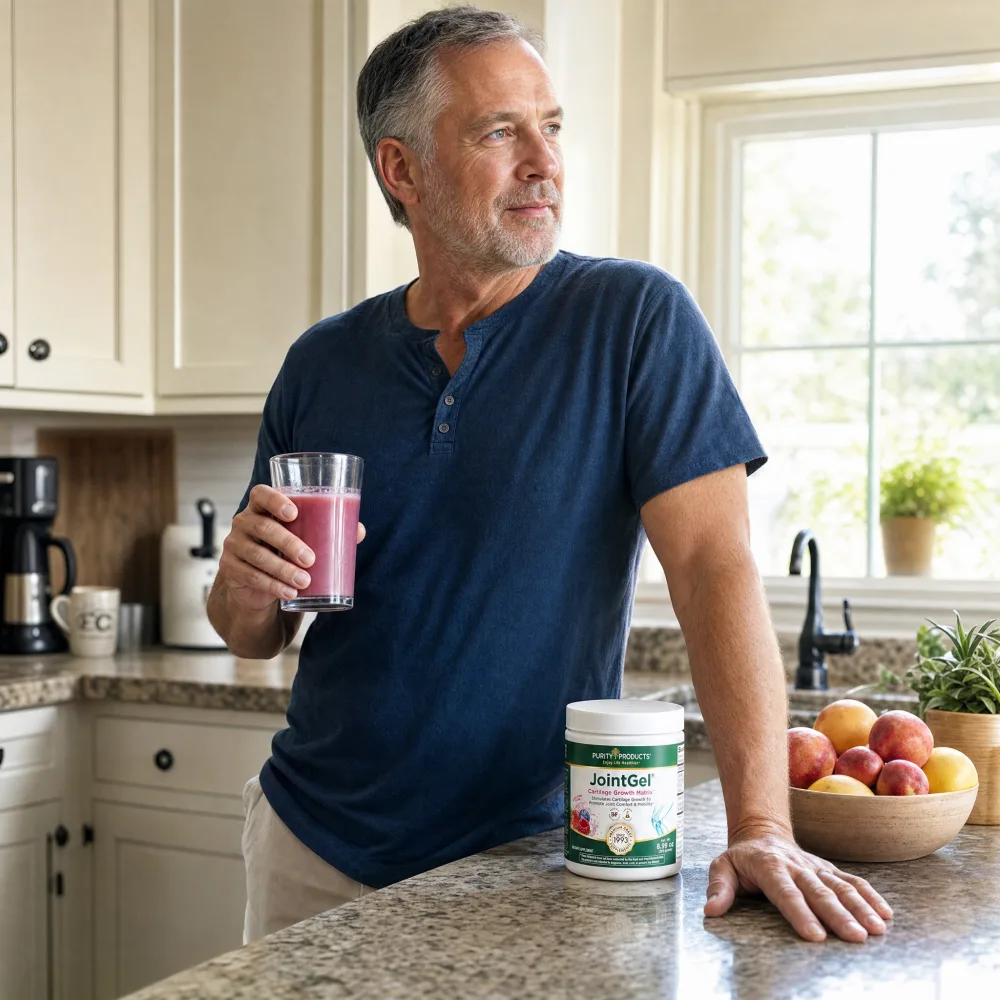 Man in his kitchen holding a mixed berry JointGel drink next to the JointGel jar