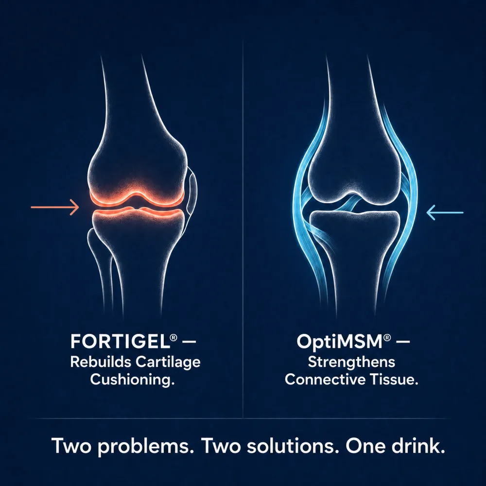 Side-by-side knee diagrams: FORTIGEL rebuilds cartilage cushioning, OptiMSM strengthens connective tissue — two problems, two solutions, one drink